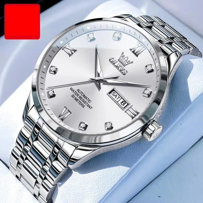 Men's waterproof automatic mechanical watch with 13mm stainless steel case and bracelet on white background