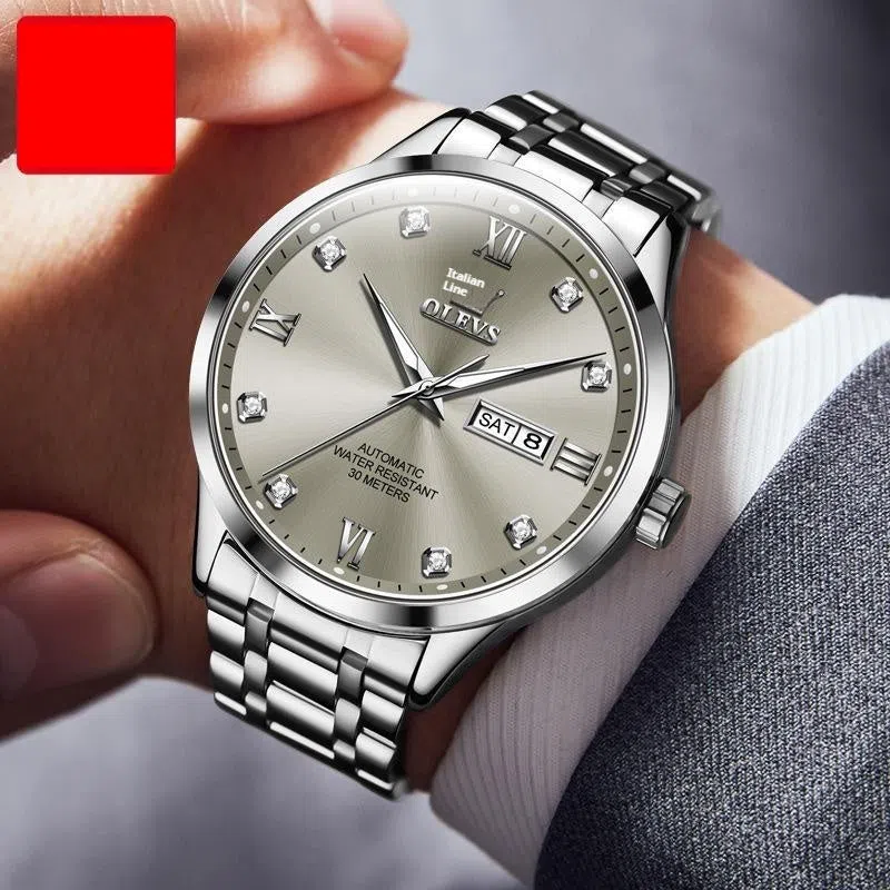 Men's waterproof automatic mechanical watch with 13mm stainless steel case and bracelet on white background