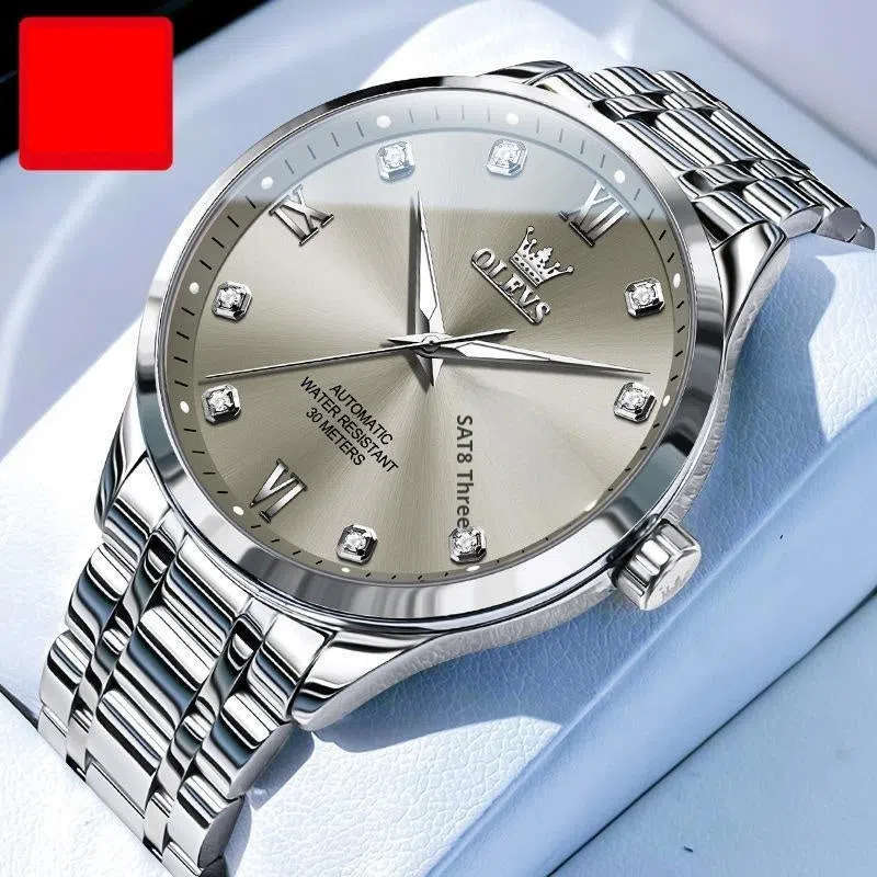 Men's waterproof automatic mechanical watch with 13mm stainless steel case and bracelet on white background