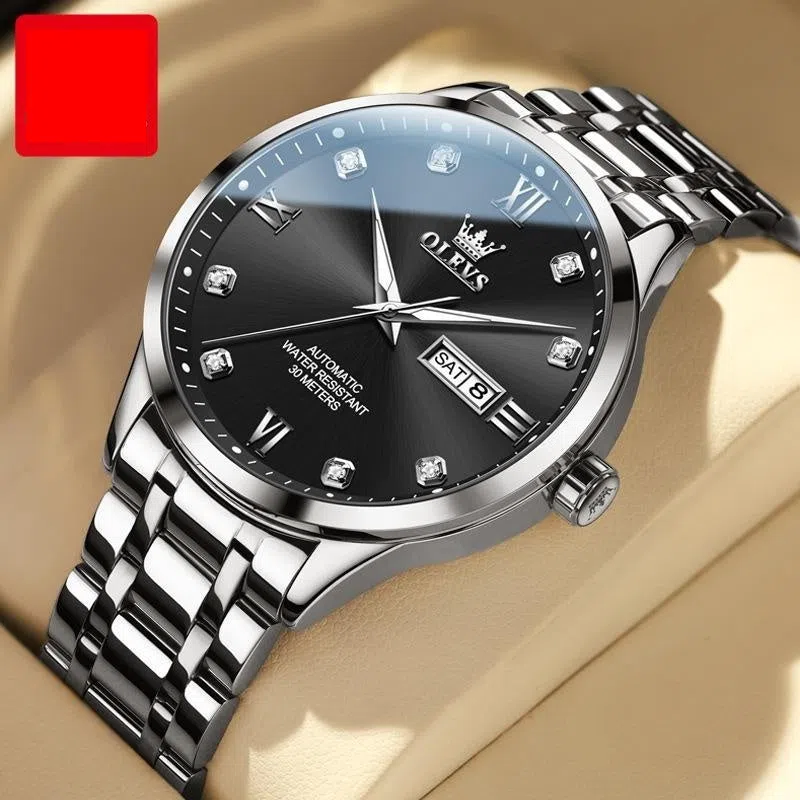 Men's waterproof automatic mechanical watch with 13mm stainless steel case and bracelet on white background