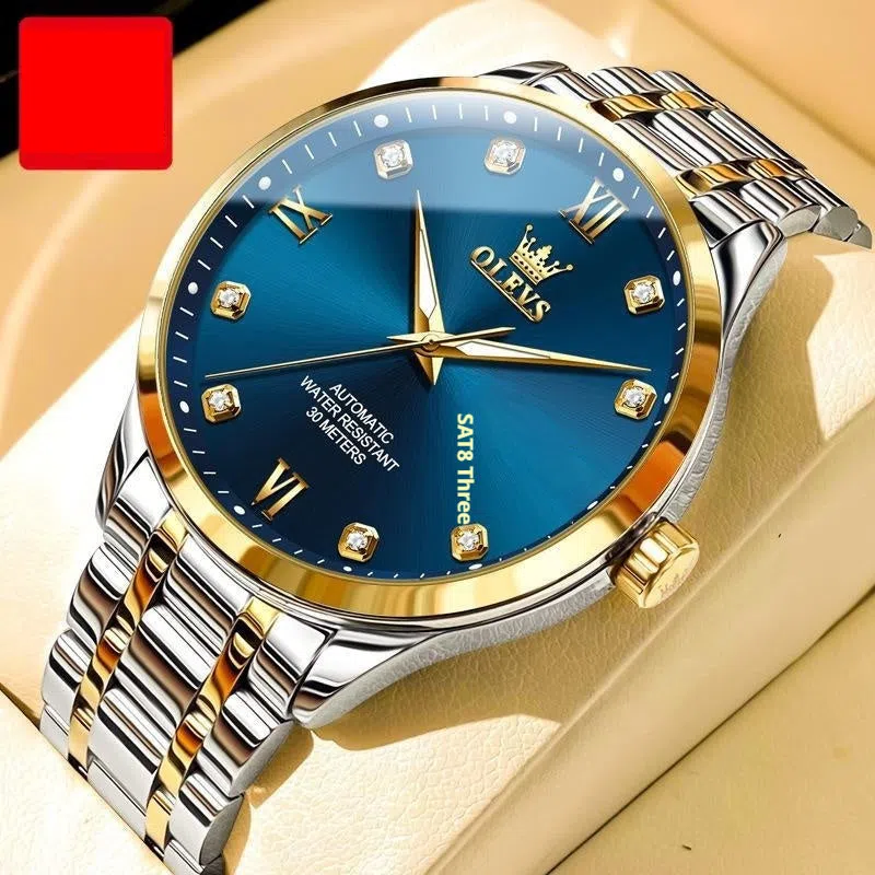 Men's waterproof automatic mechanical watch with 13mm stainless steel case and bracelet on white background