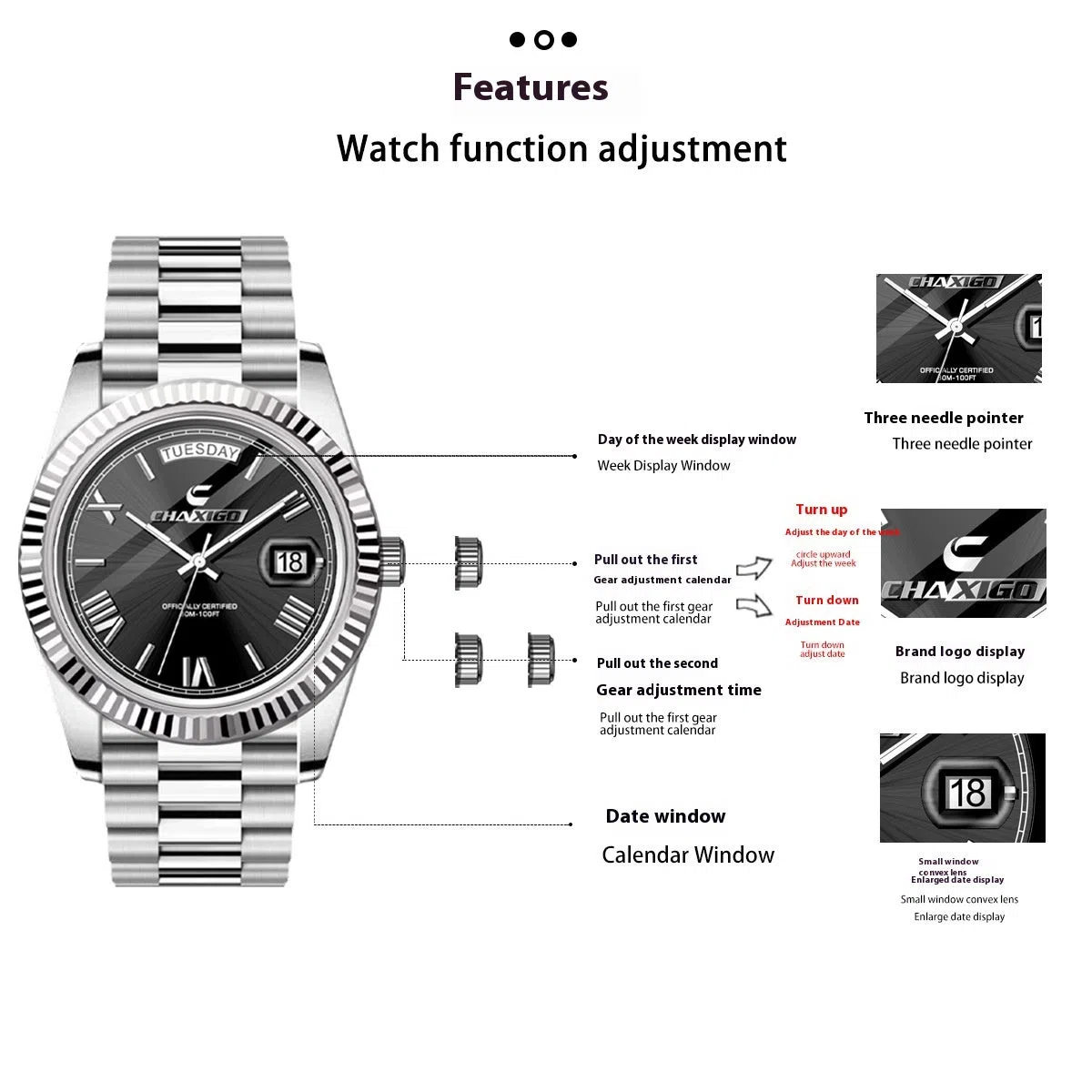 Men's quartz wrist watch with large round dial, stainless steel band, and alloy case in white and gold finish