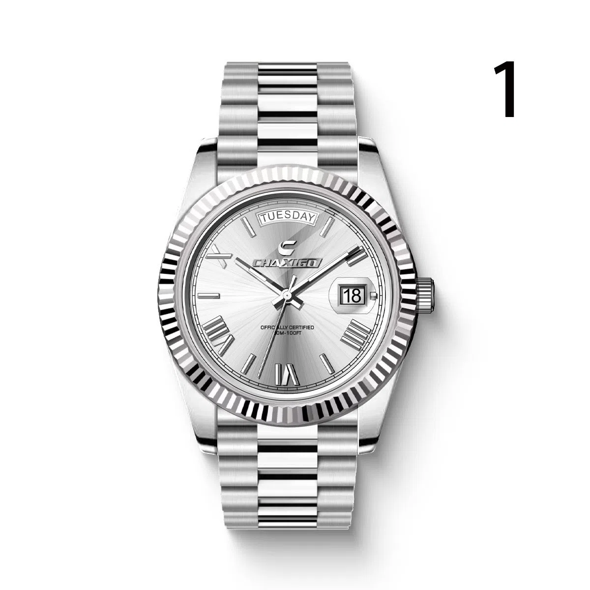 Men's quartz wrist watch with large round dial, stainless steel band, and alloy case in white and gold finish