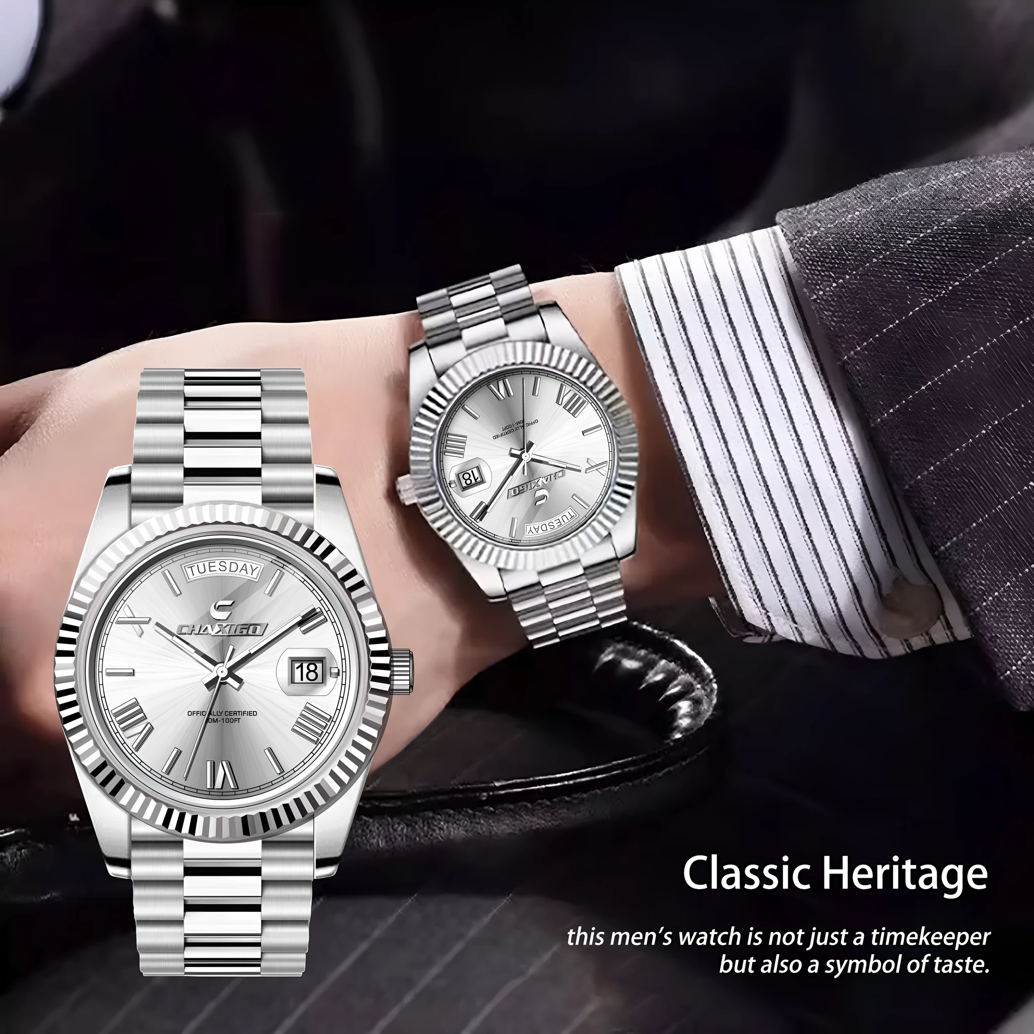 Men's quartz wrist watch with large round dial, stainless steel band, and alloy case in white and gold finish