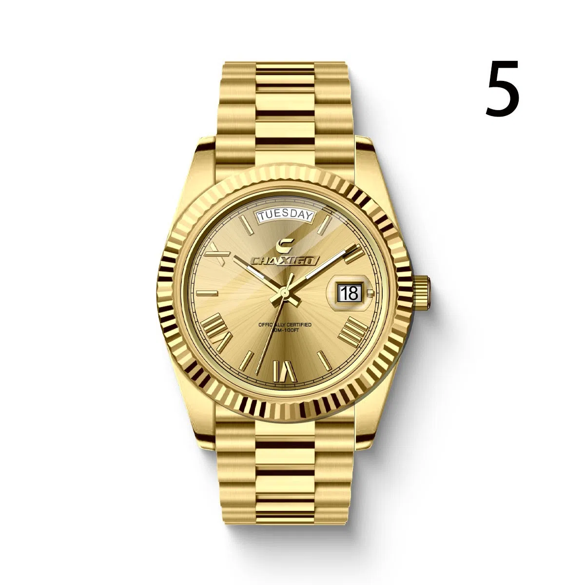 Men's quartz wrist watch with large round dial, stainless steel band, and alloy case in white and gold finish