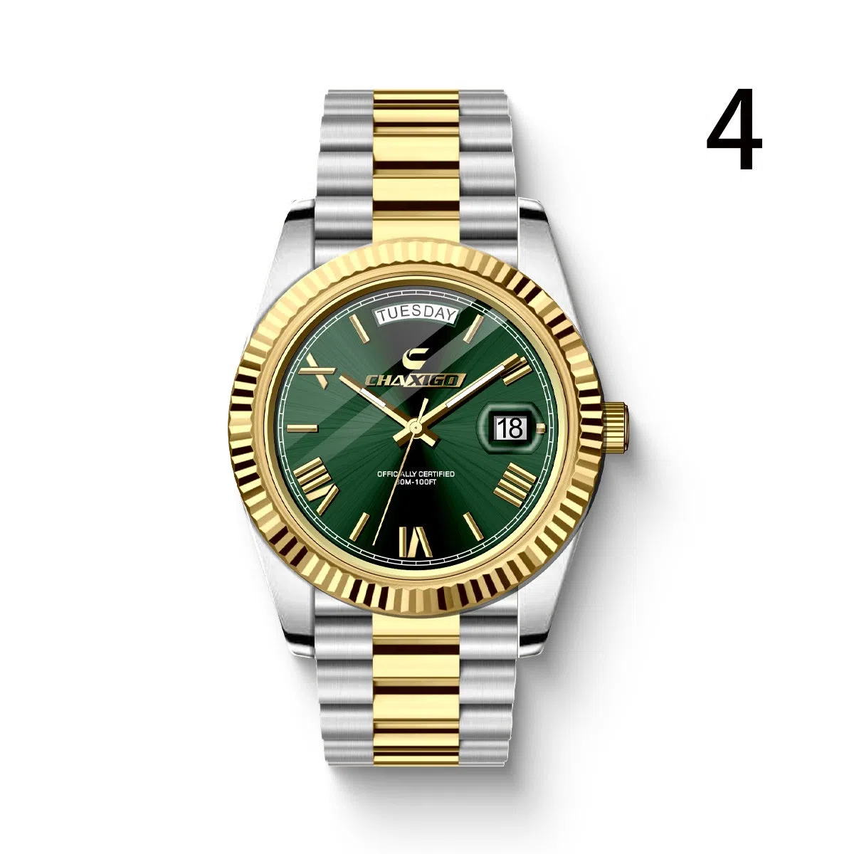 Men's quartz wrist watch with large round dial, stainless steel band, and alloy case in white and gold finish