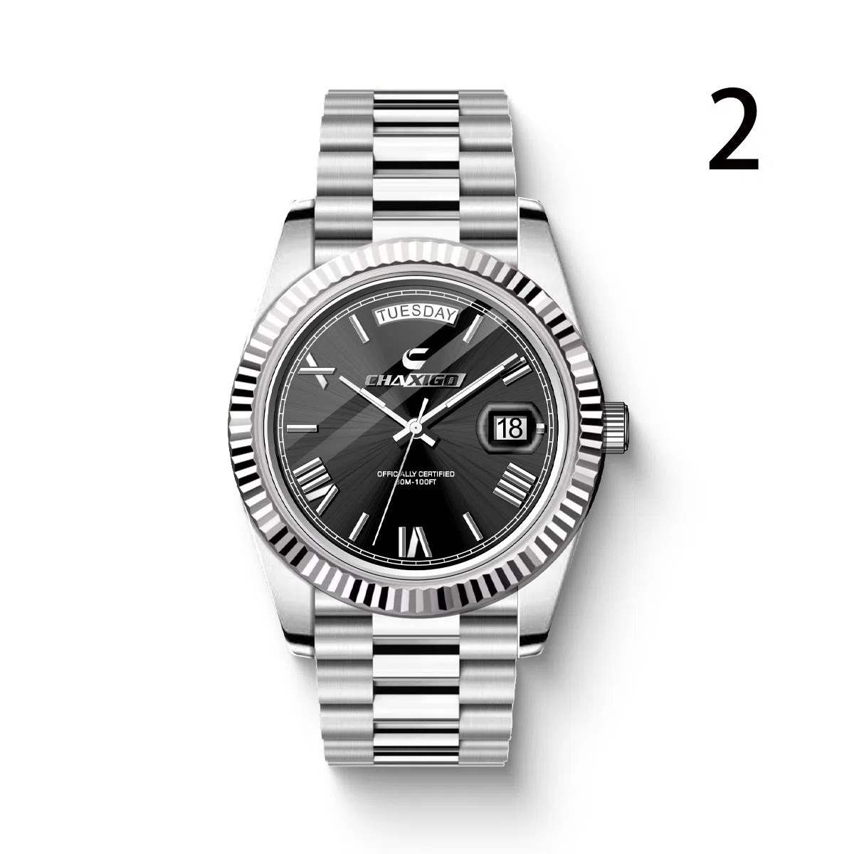 Men's quartz wrist watch with large round dial, stainless steel band, and alloy case in white and gold finish