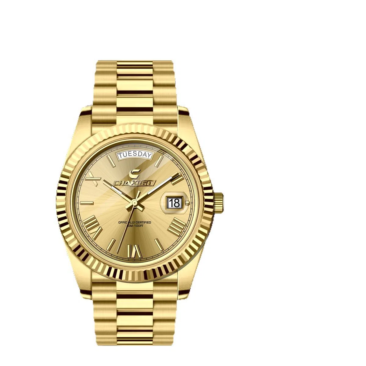 Men's quartz wrist watch with large round dial, stainless steel band, and alloy case in white and gold finish