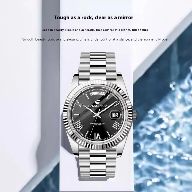 Men's quartz wrist watch with large round dial, stainless steel band, and alloy case in white and gold finish