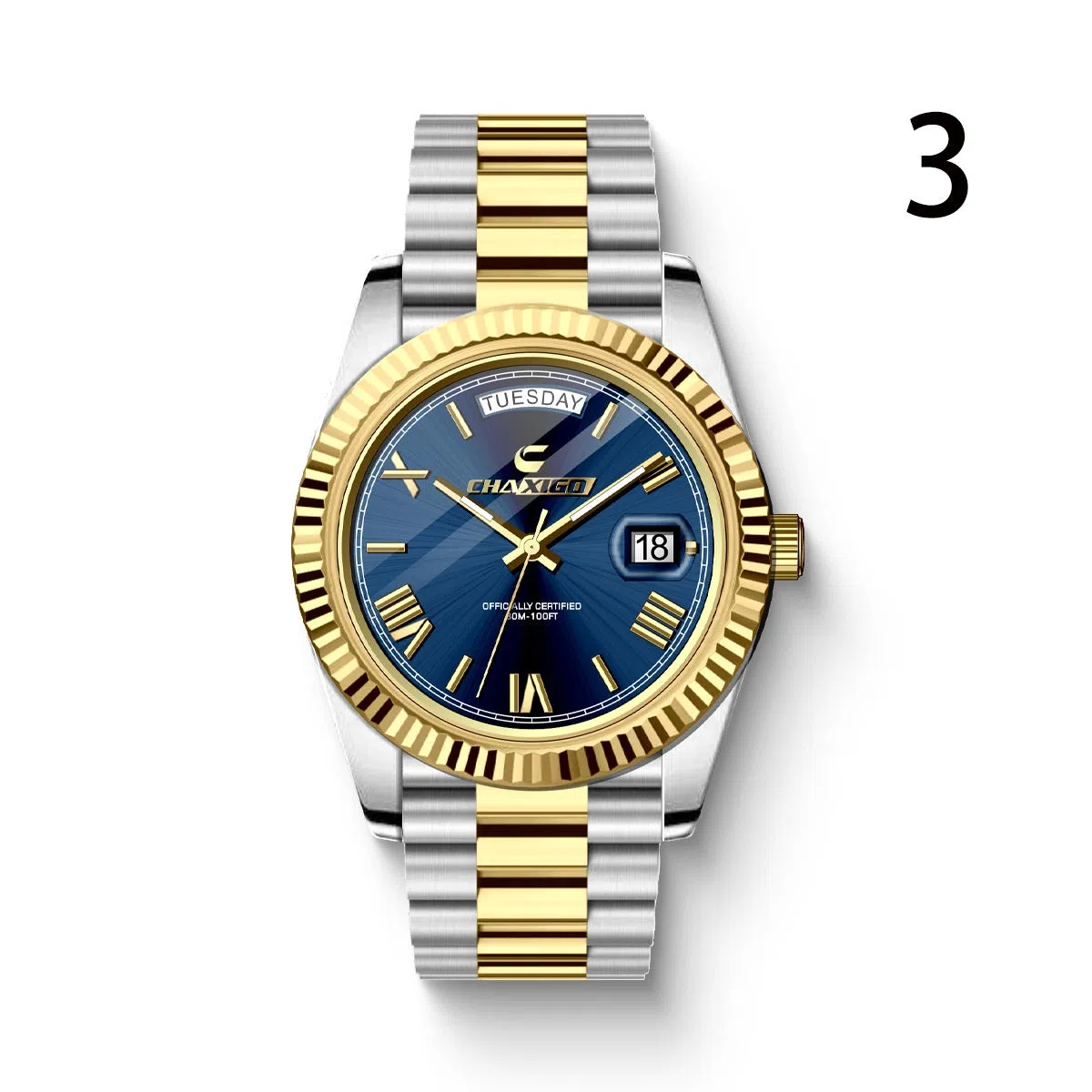 Men's quartz wrist watch with large round dial, stainless steel band, and alloy case in white and gold finish