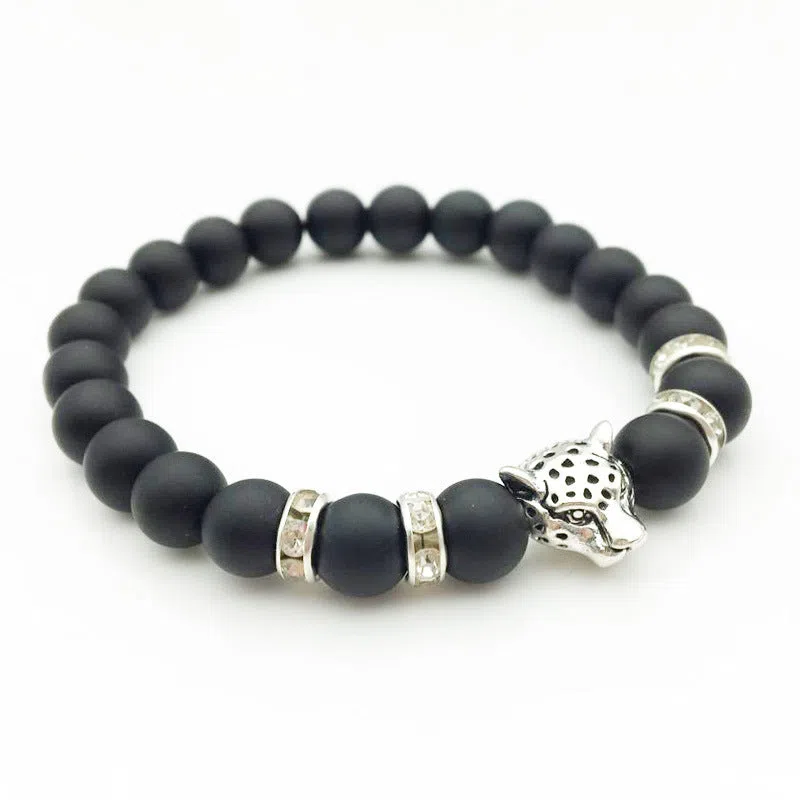 8mm natural stone and lava stone bead bracelet with leopard head pendant for men, 18cm diameter, gold frosted black
