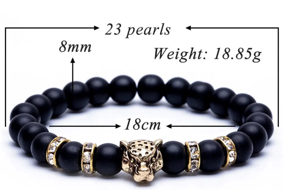 8mm natural stone and lava stone bead bracelet with leopard head pendant for men, 18cm diameter, gold frosted black