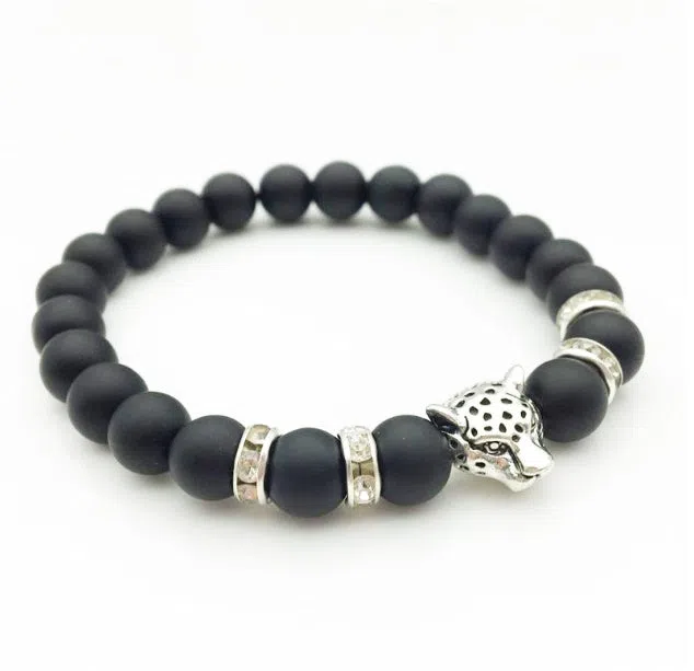 8mm natural stone and lava stone bead bracelet with leopard head pendant for men, 18cm diameter, gold frosted black
