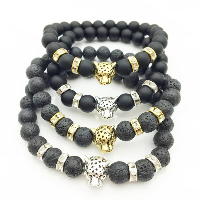 8mm natural stone and lava stone bead bracelet with leopard head pendant for men, 18cm diameter, gold frosted black