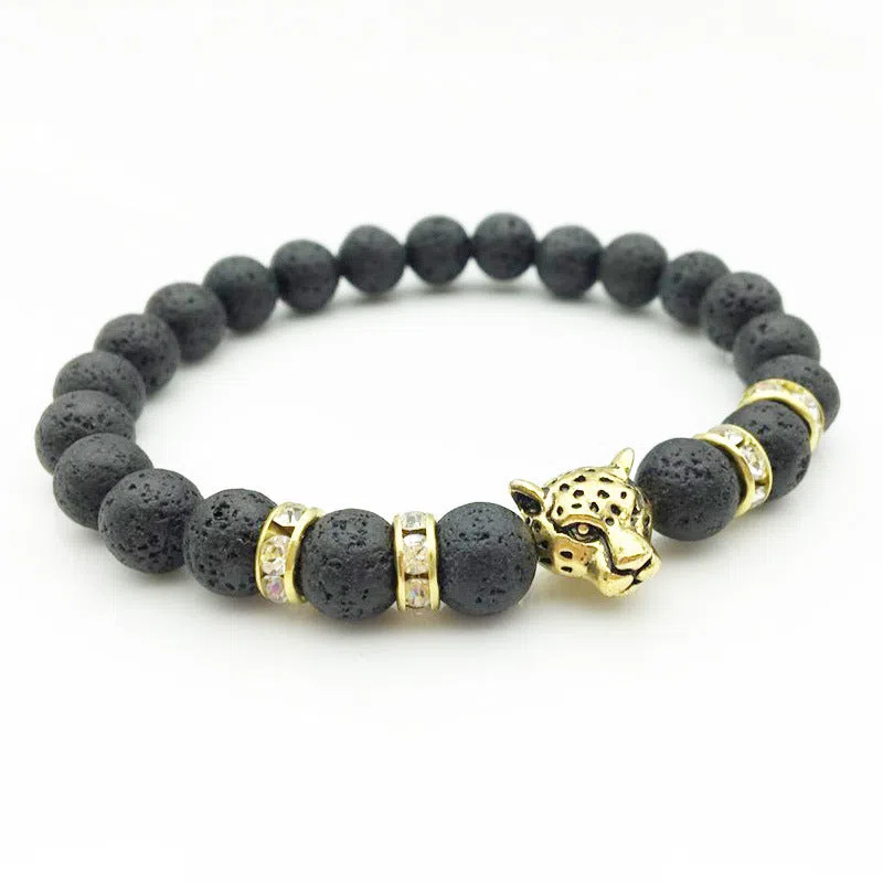 8mm natural stone and lava stone bead bracelet with leopard head pendant for men, 18cm diameter, gold frosted black