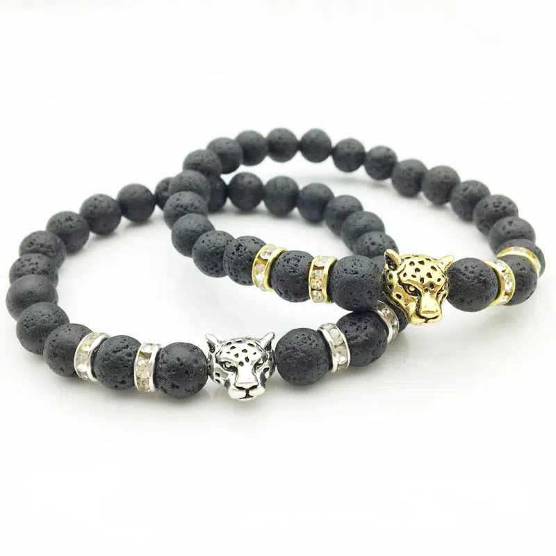 8mm natural stone and lava stone bead bracelet with leopard head pendant for men, 18cm diameter, gold frosted black