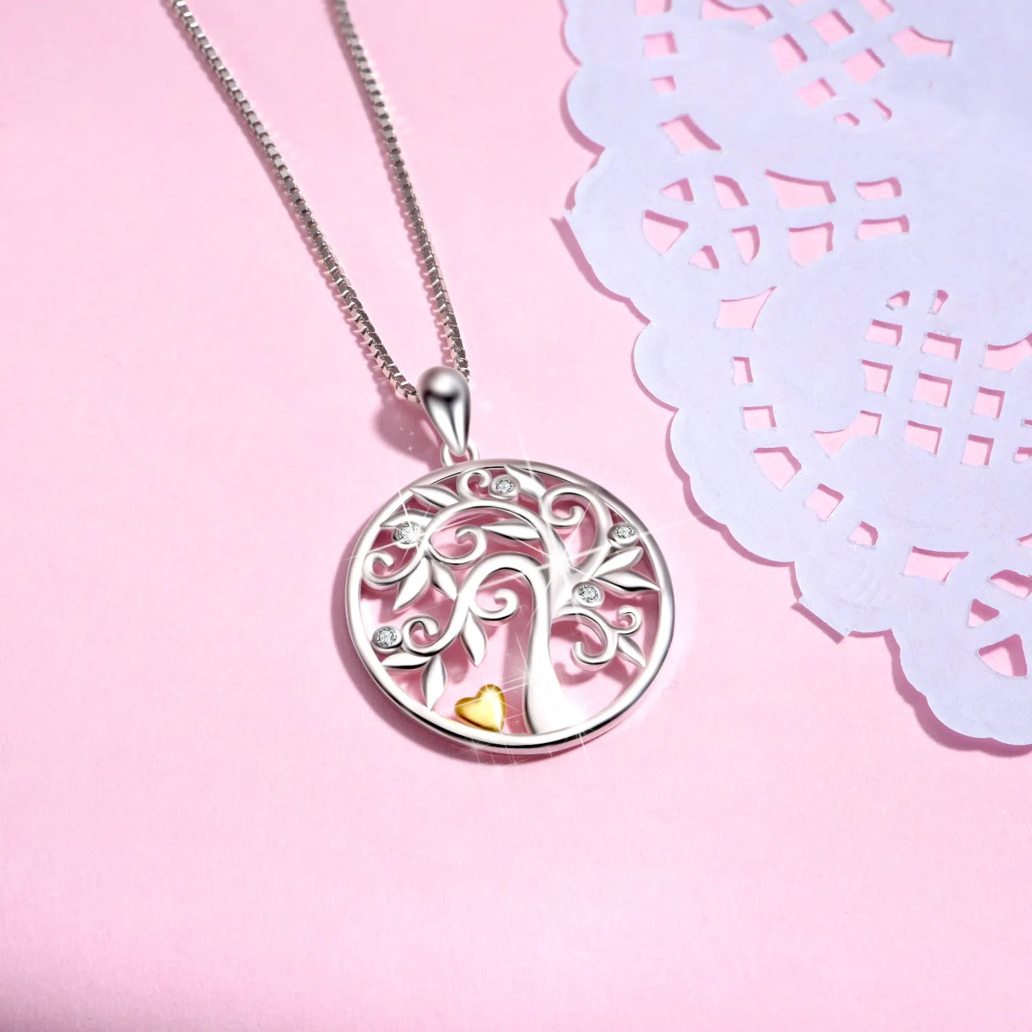 925 silver tree of life pendant necklace hollow out design with micro inlaid zircon on 18 inch chain