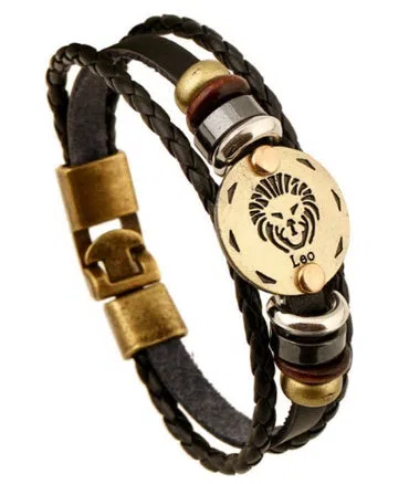 Leather constellation bracelet with metal zodiac sign, wood bead, and black gallstone on cowhide band