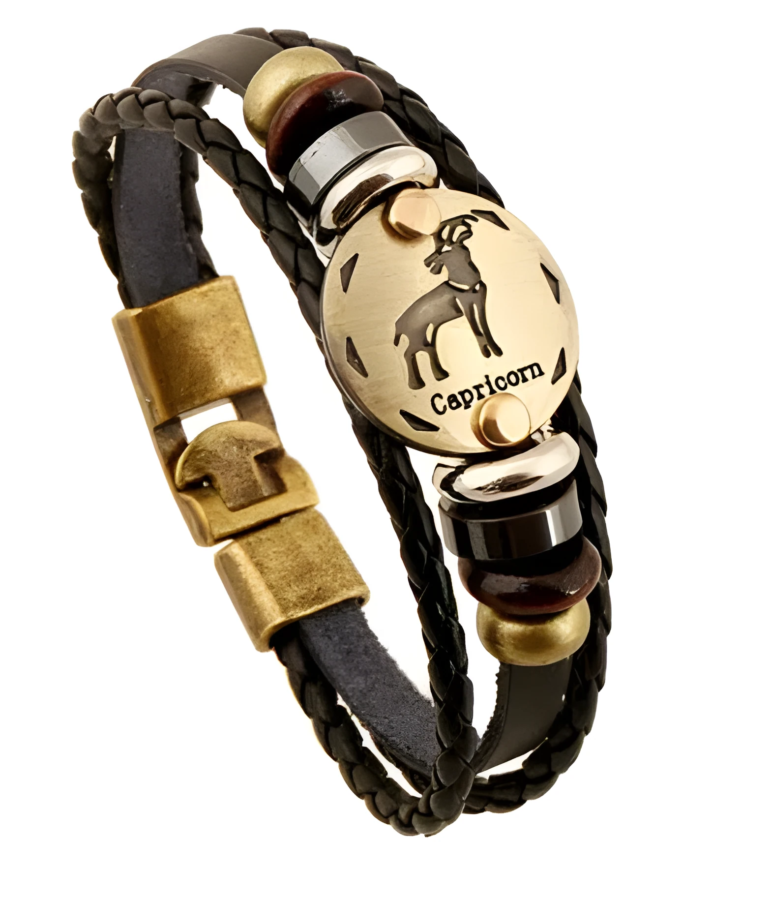 Leather constellation bracelet with metal zodiac sign, wood bead, and black gallstone on cowhide band