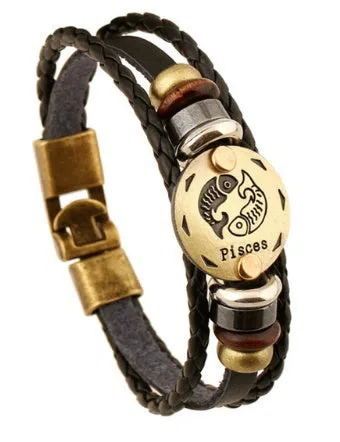 Leather constellation bracelet with metal zodiac sign, wood bead, and black gallstone on cowhide band