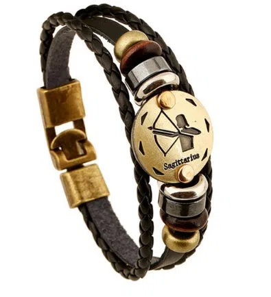 Leather constellation bracelet with metal zodiac sign, wood bead, and black gallstone on cowhide band