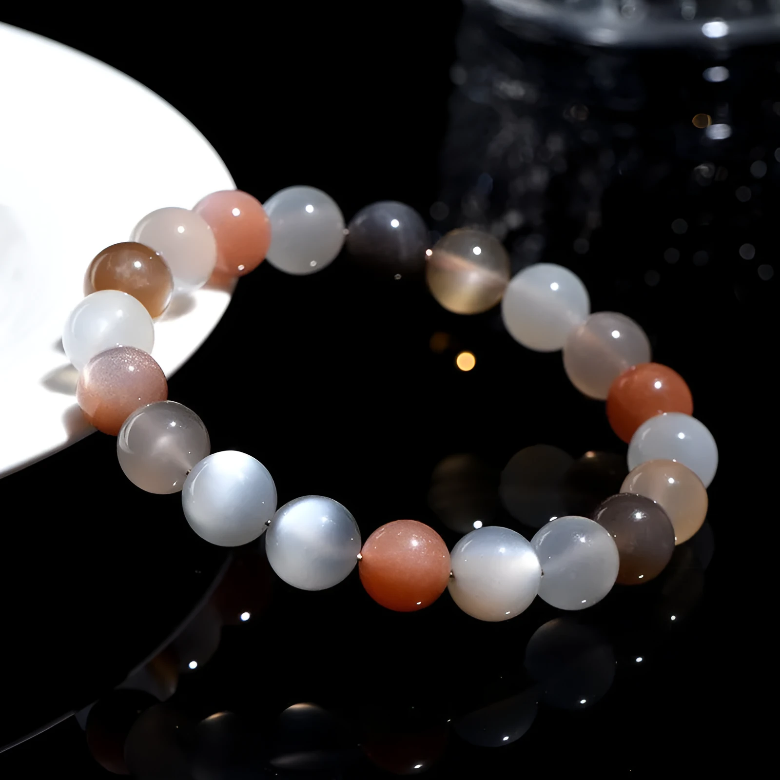 Natural colourful moonlight moonstone bracelet with 8mm beads in a single circle design.