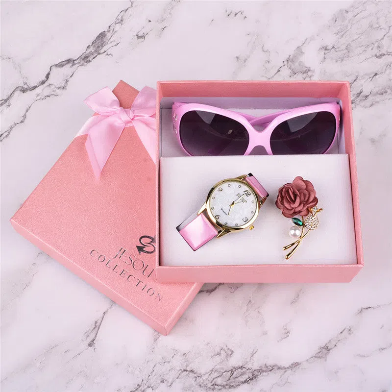 Women's 3-piece gift set with round quartz watch, sunglasses, and corsage in purple