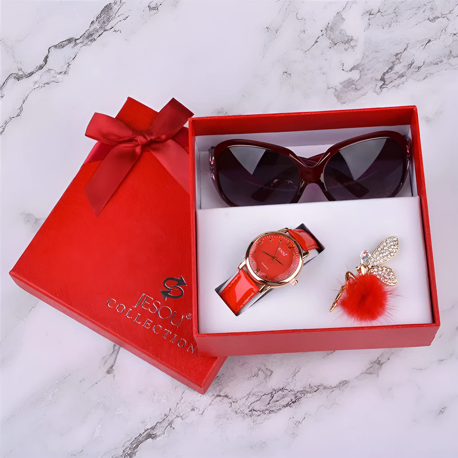 Women's 3-piece gift set with round quartz watch, sunglasses, and corsage in purple