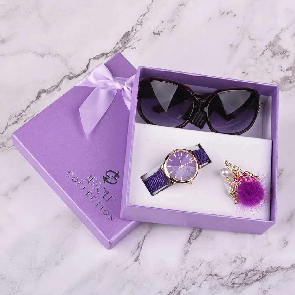 Women's 3-piece gift set with round quartz watch, sunglasses, and corsage in purple