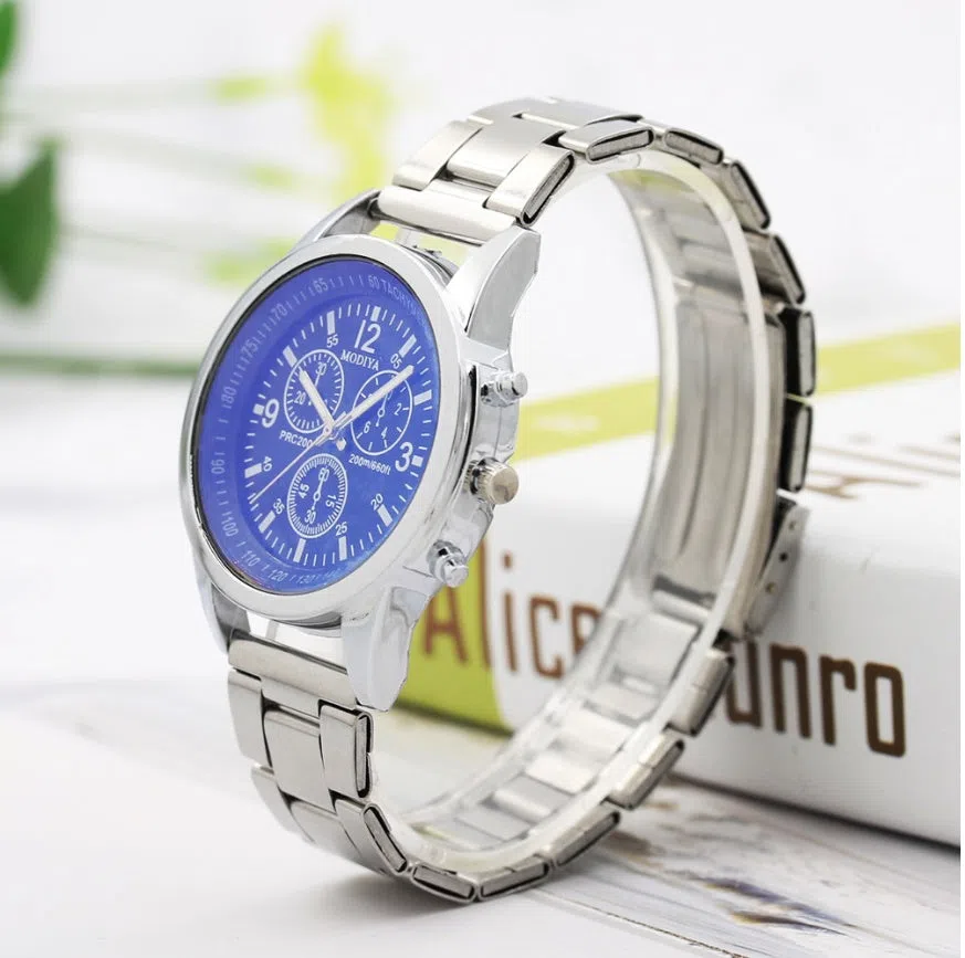 Blu-ray Gift Steel Band Watch with black dial, alloy strap, and folding buckle on a white background