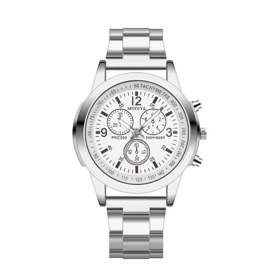 Blu-ray Gift Steel Band Watch with black dial, alloy strap, and folding buckle on a white background