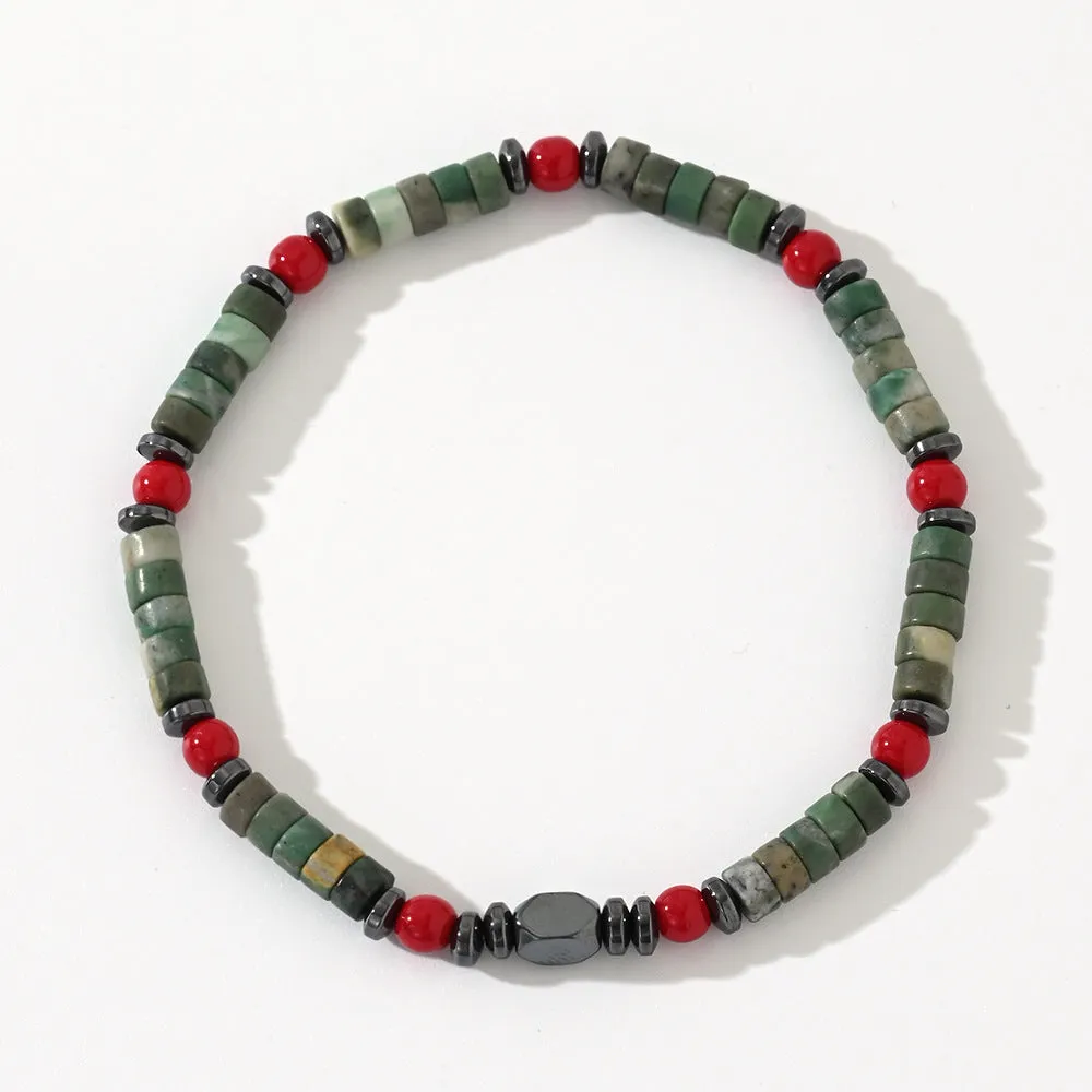Men's hand-woven bracelet with cylindrical semi-precious stone beads on a string.