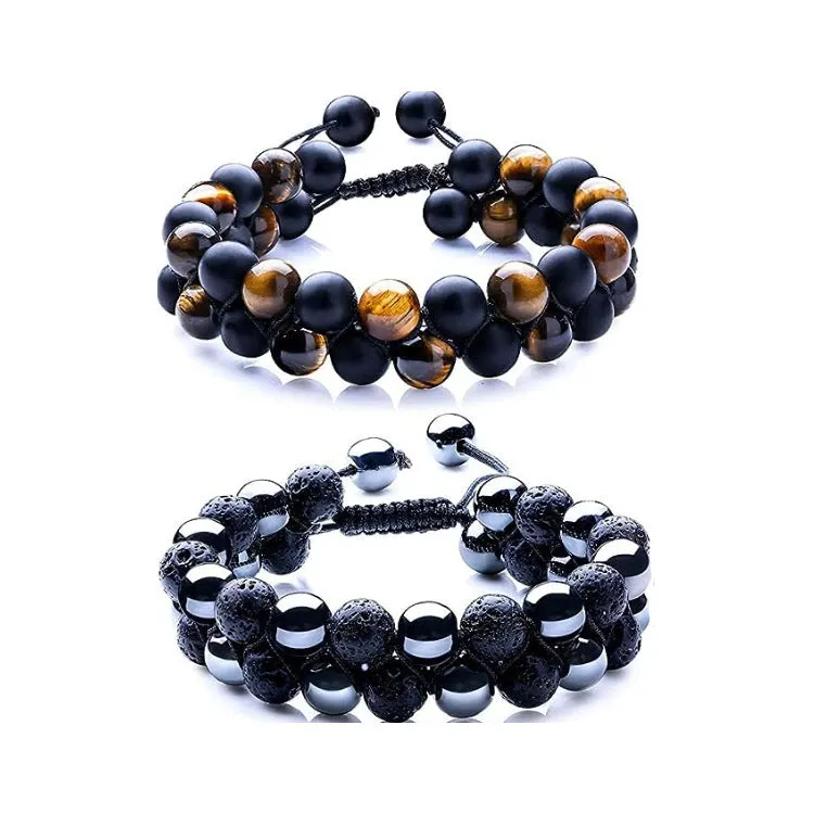 Men's black and gold tiger eye stone woven bracelet with magnetic clasp showing geometric pattern