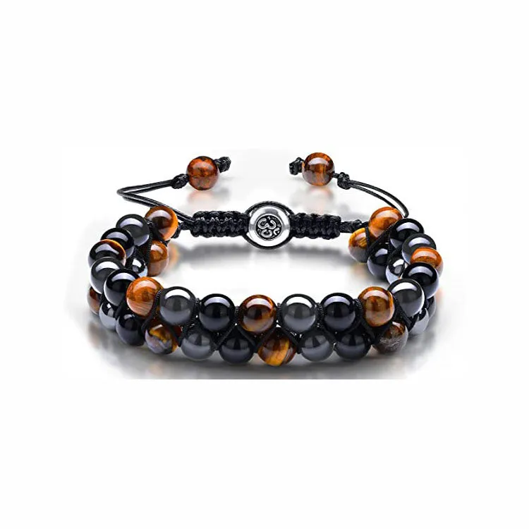Men's black and gold tiger eye stone woven bracelet with magnetic clasp showing geometric pattern