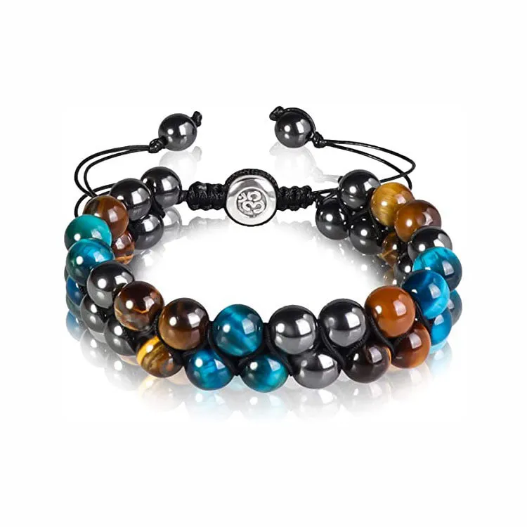 Men's black and gold tiger eye stone woven bracelet with magnetic clasp showing geometric pattern