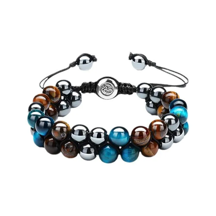 Men's black and gold tiger eye stone woven bracelet with magnetic clasp showing geometric pattern