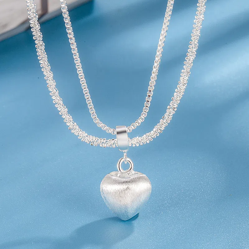 Double layer brushed heart pendant necklace for women with copper electroplating water wave chain