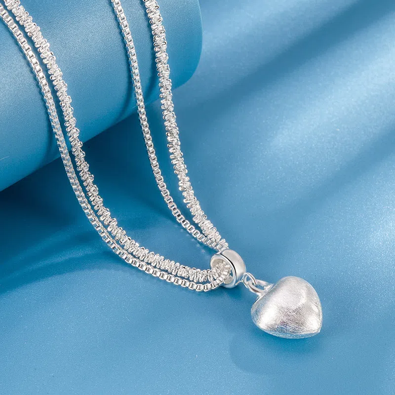 Double layer brushed heart pendant necklace for women with copper electroplating water wave chain