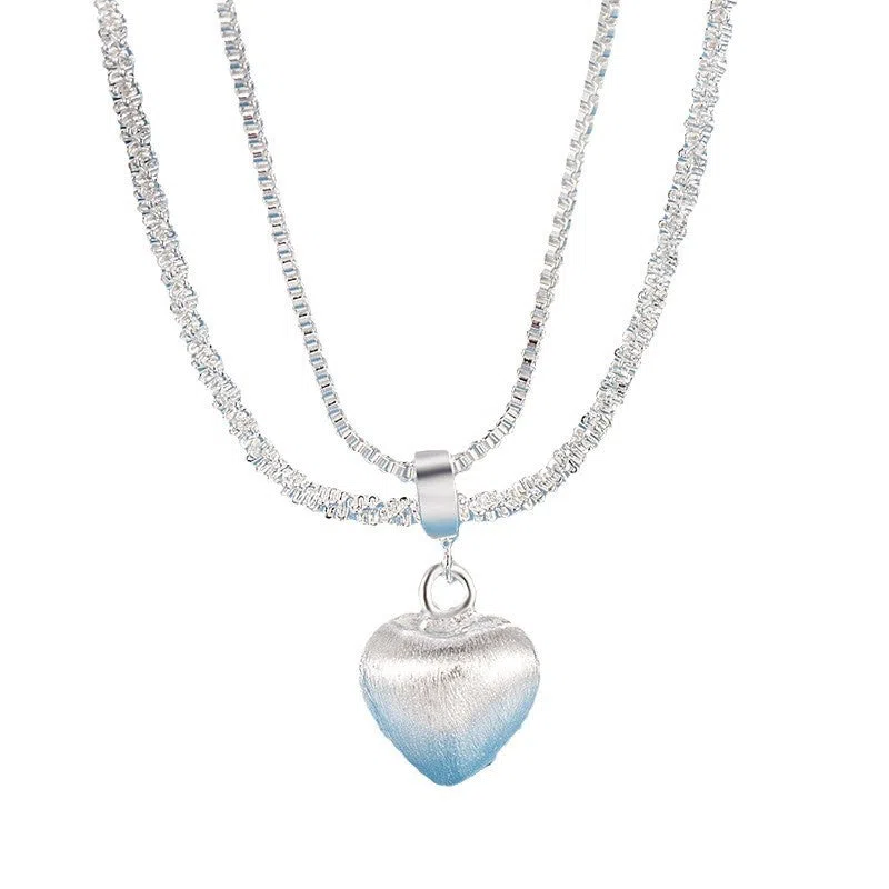Double layer brushed heart pendant necklace for women with copper electroplating water wave chain