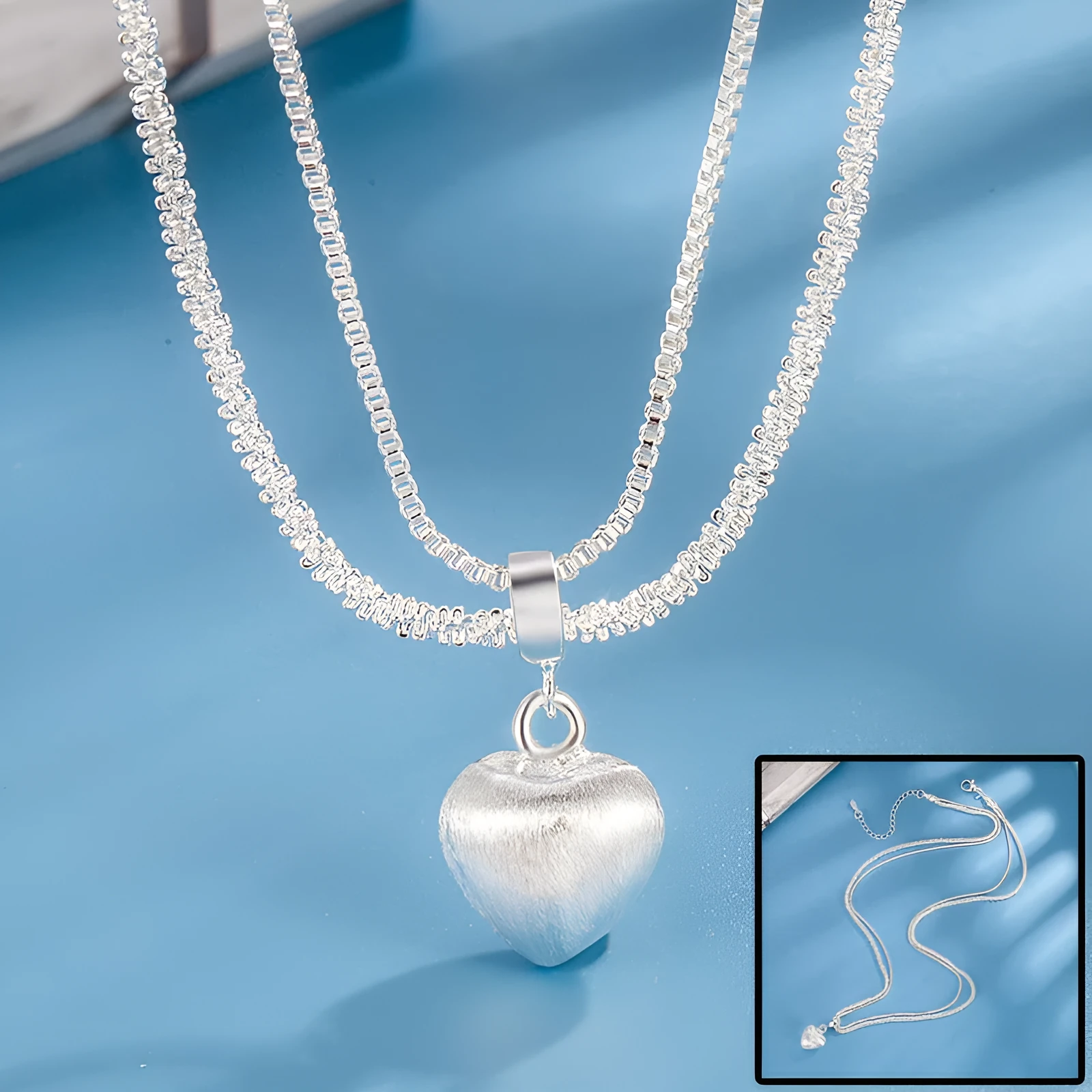 Double layer brushed heart pendant necklace for women with copper electroplating water wave chain