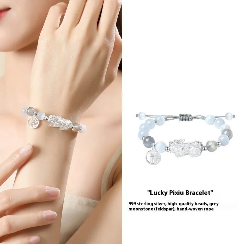 Sterling silver couple bracelets with hand-woven DIY watch band and animal tassel national style elements