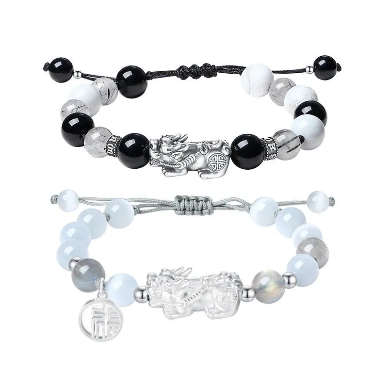 Sterling silver couple bracelets with hand-woven DIY watch band and animal tassel national style elements