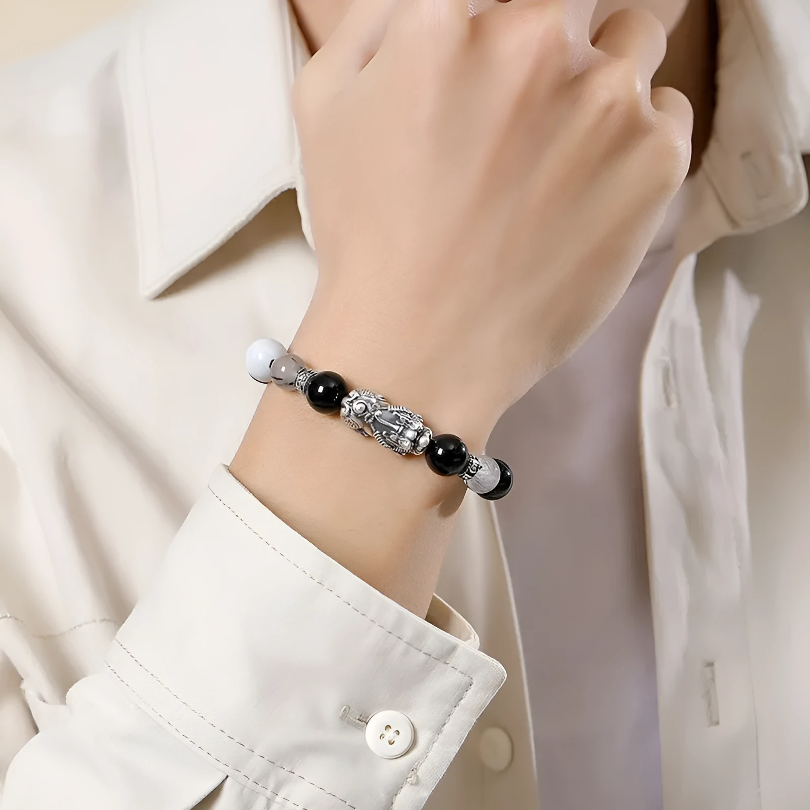 Sterling silver couple bracelets with hand-woven DIY watch band and animal tassel national style elements