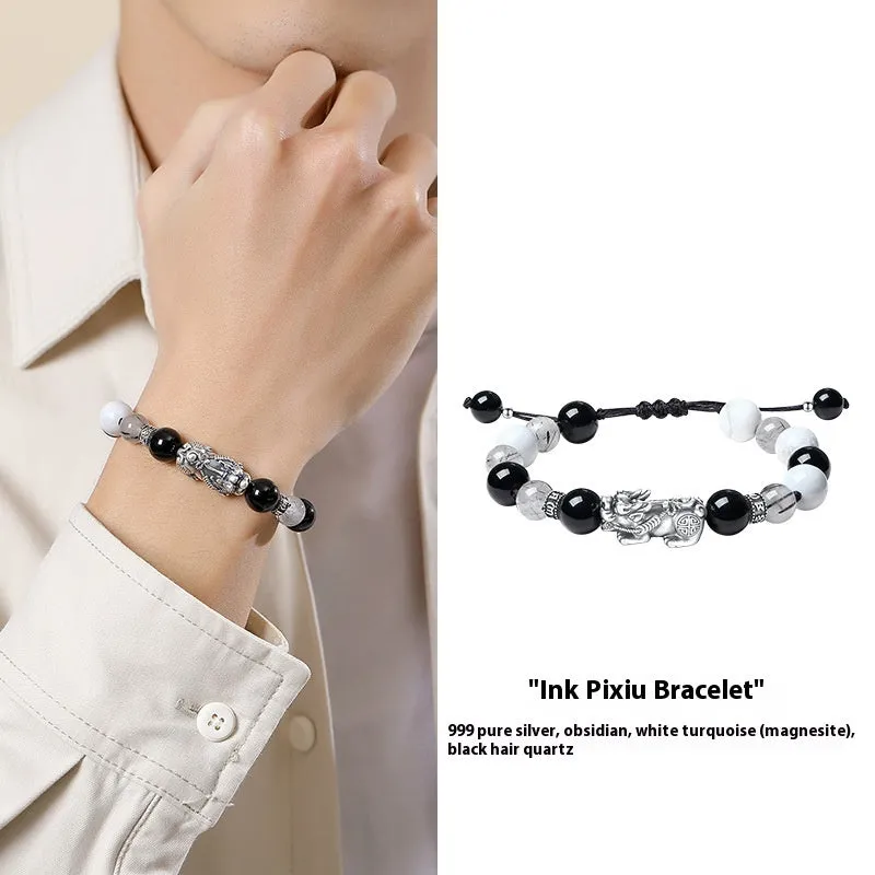 Sterling silver couple bracelets with hand-woven DIY watch band and animal tassel national style elements