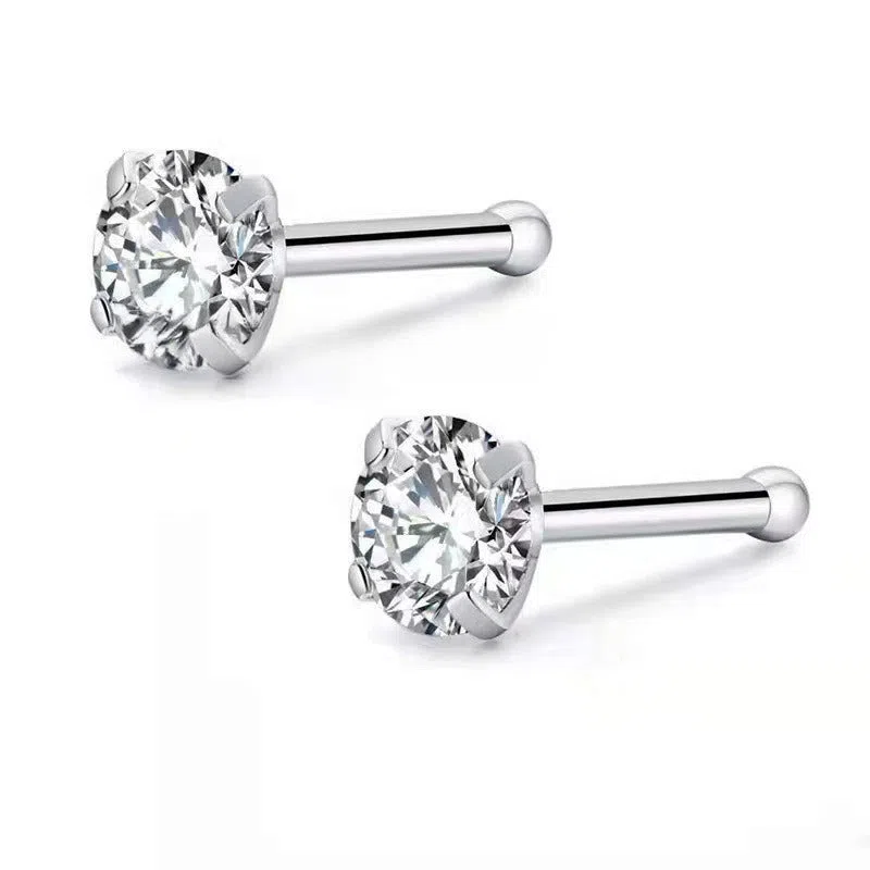 Geometric round zircon nose stud with four-claw setting stainless steel straight rod unisex