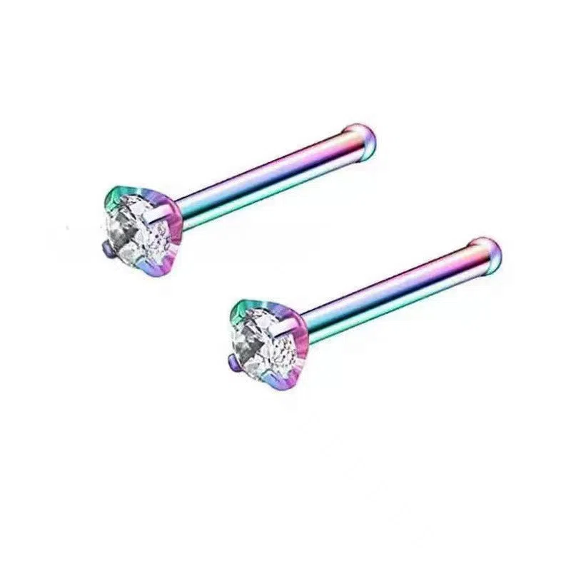 Geometric round zircon nose stud with four-claw setting stainless steel straight rod unisex