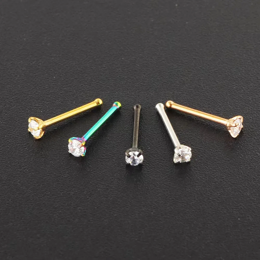 Geometric round zircon nose stud with four-claw setting stainless steel straight rod unisex