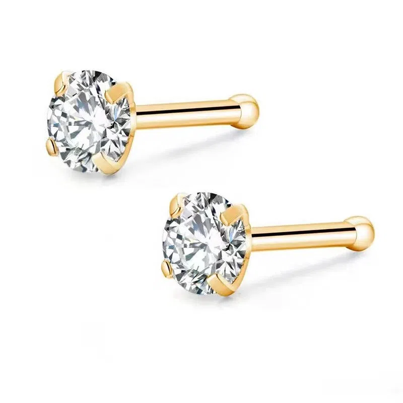 Geometric round zircon nose stud with four-claw setting stainless steel straight rod unisex