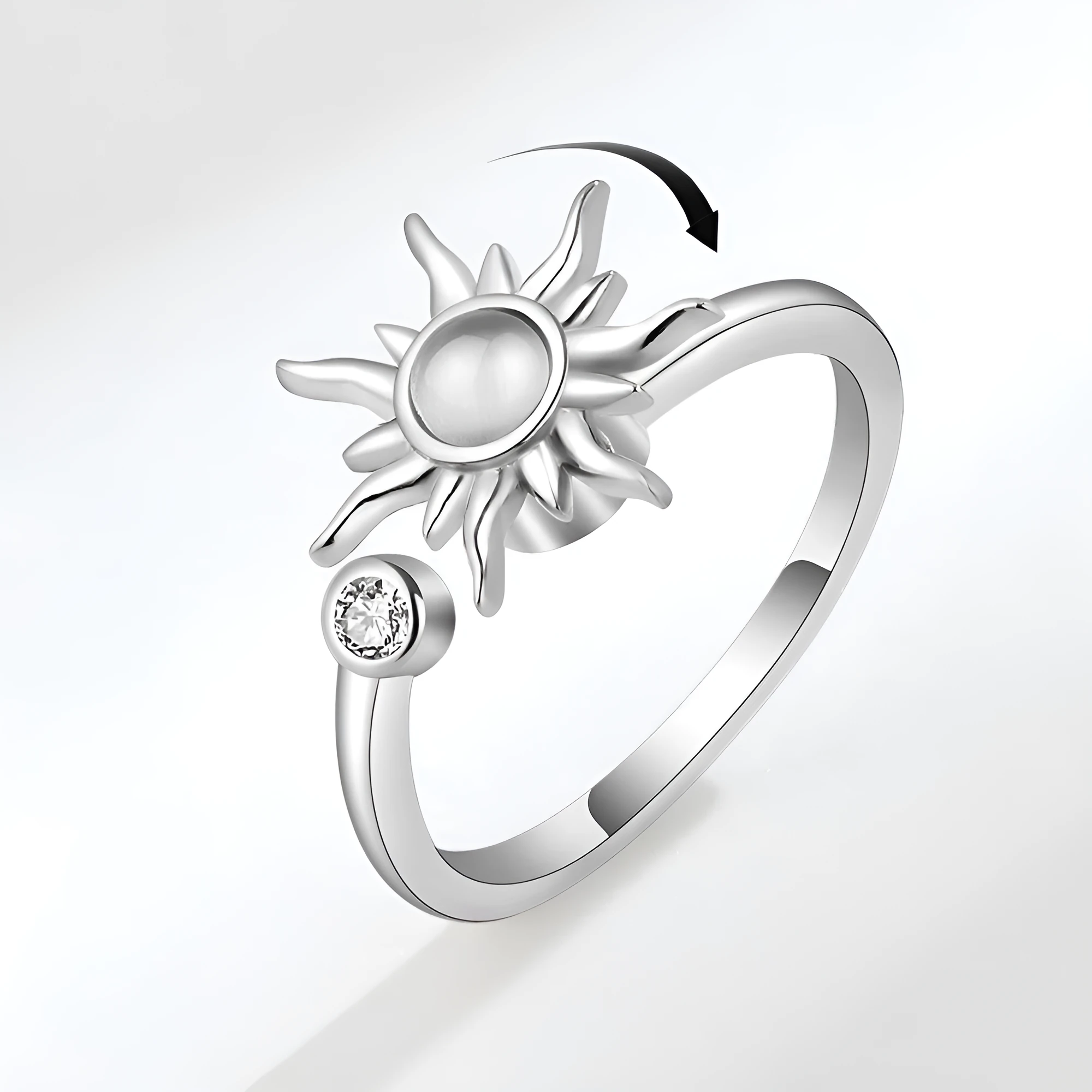 Rotating sunflower relief ring with adjustable copper band and zircon inlay