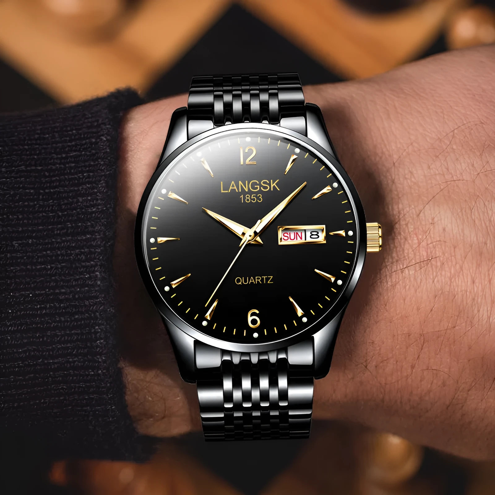 Fashion waterproof luminous men's watch with 10mm thickness and six colour options including all black and blue gold